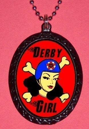 Roller Derby Girl Toxic Skull and Bones Roller Skating Design Handmade Handcasted Metal Pendant handpainted black and ballchain Necklace