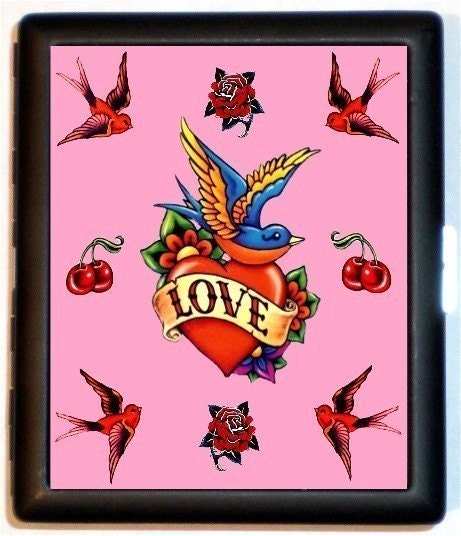 Tattoo Retro LOVE bird swallow Roses Tattoo Cherries Cherry Swallow Birds ID or Cigarette Case Wallet Business Card Holder Kitsch