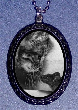 Cat and Mouse Lovers Friends Handcrafted Handcasted Metal Pendant Handpainted Black and assembled by myself with a ballchain necklace