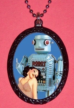 ROBOT Romance Robot and Pinup Gal Sweethearts Necklace and handmade Pendant Rockabilly Pulp Kitsch Campy Pin Up Pinup