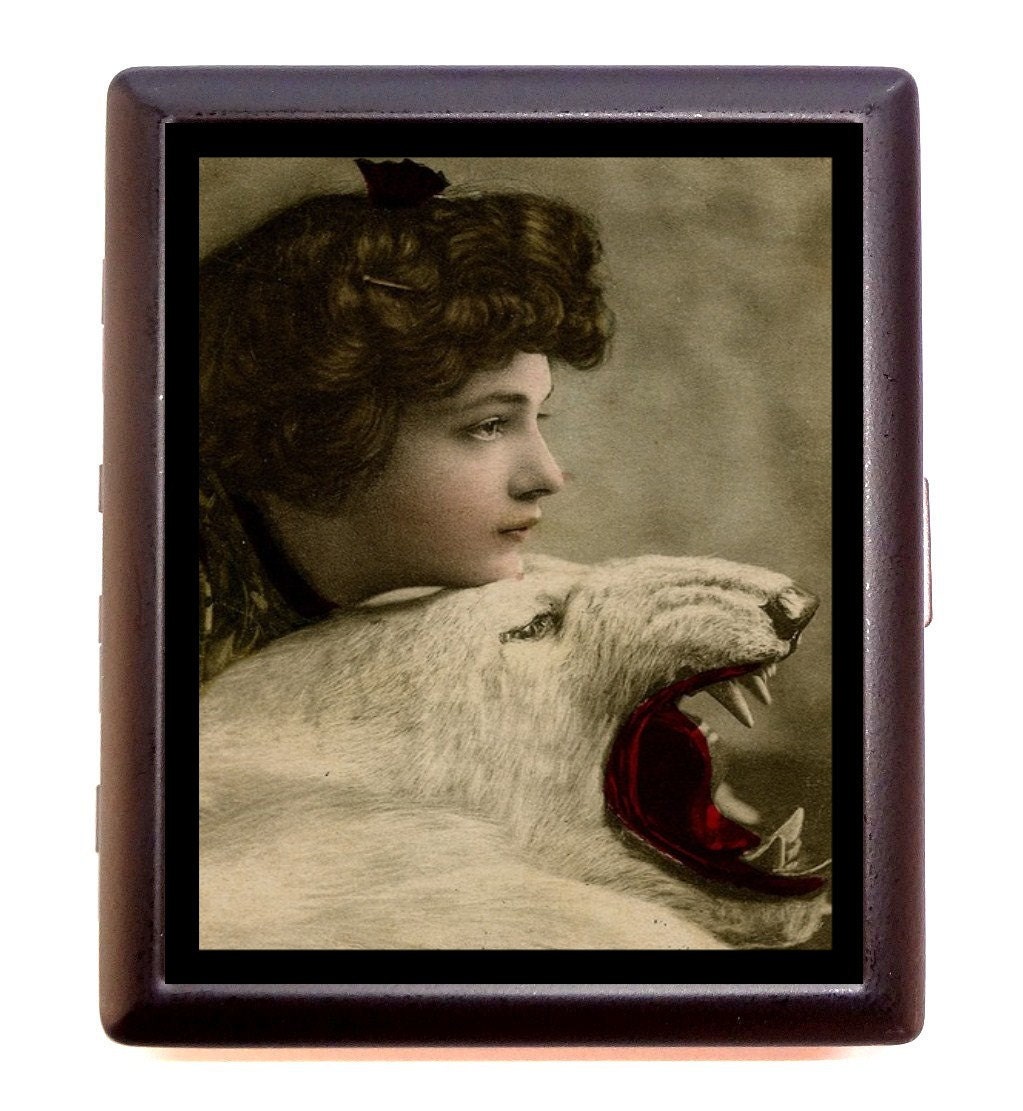Edwardian Art Nouveau Art Deco Woman With Bear Skin Rug Cigarette or Business Card Case or Metal ID wallet