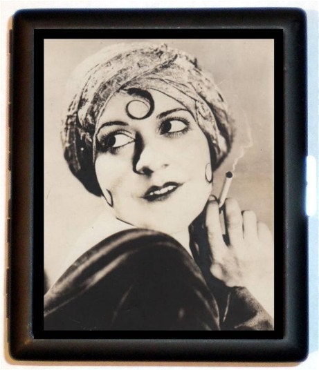Roaring Twenties Flapper Girl wearing Turban and Curly Q Hairdoo Black Metal Cigarette or ID or Business Card Case Wallet or MP3 Carrier