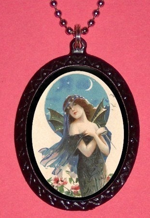 Victorian Bat Woman w Blue Moon Bats Vampire Pendant Esoteric Necklace