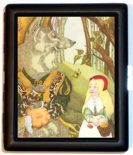 Fairy Tale Illustration Whimsical Kawaii Surreal Little Red Riding Hood Cigarette Case Business Card Holder Wallet
