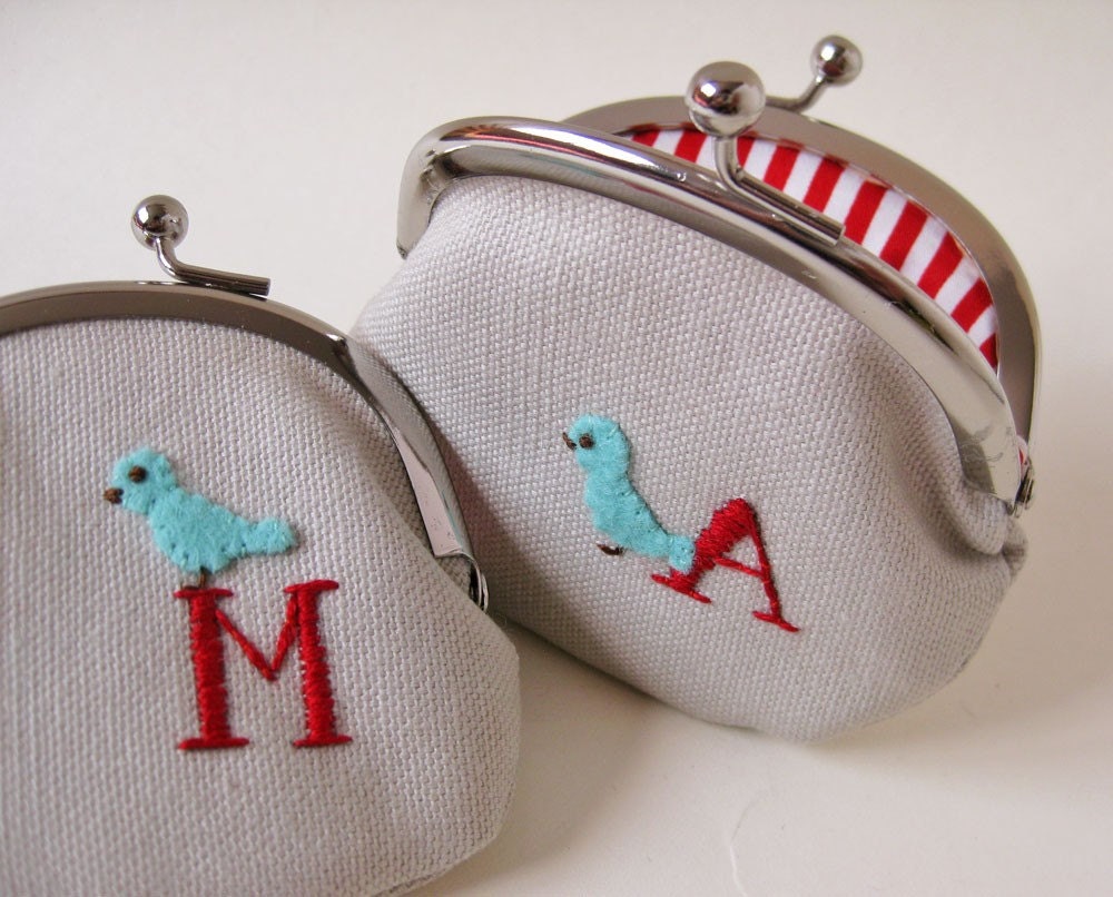 Personalized coin purse red initial blue bird