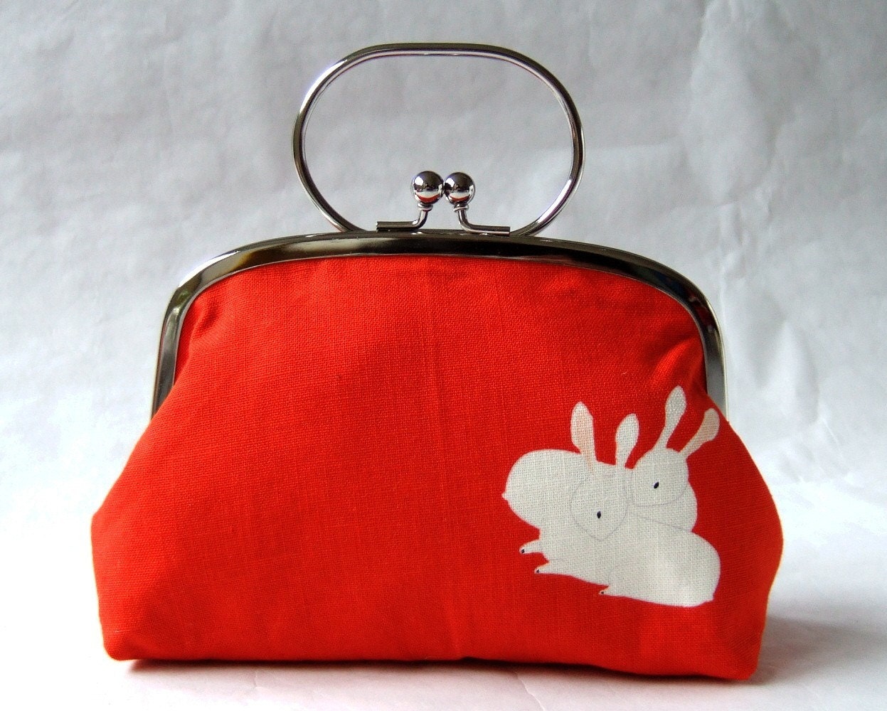 XL frame pouch with handle - rabbits on vermillion