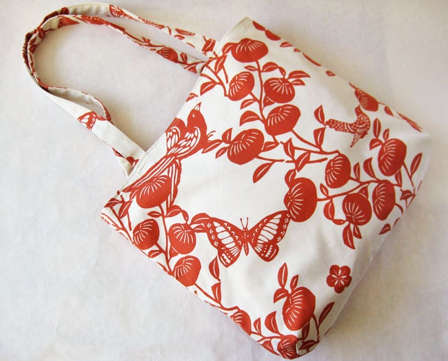 Tote bag orange leaves butterfly birds
