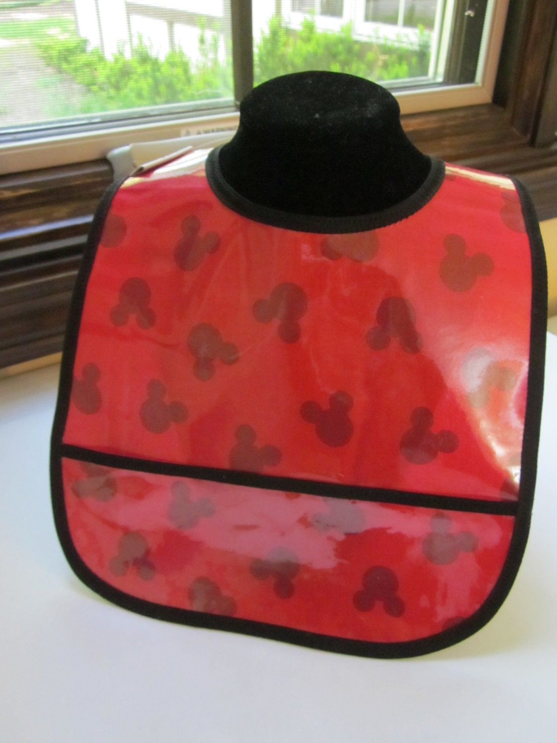 WATERPROOF WIPEABLE Baby to Toddler Plastic Coated Bib Mickey Mouse Head Red and Black