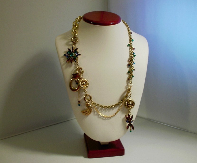 Vintage Bead, Rhinestone and Altered Art Gold Necklace, Free Shipping