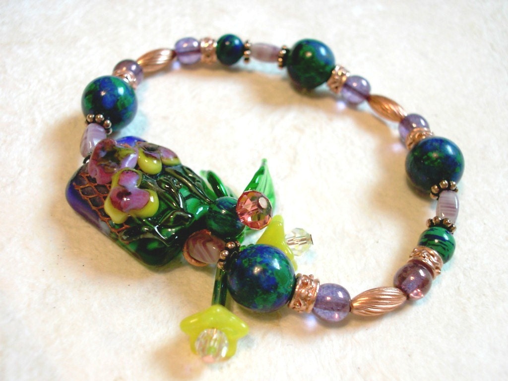 Azurite, Lampwork, Antique Copper, Vintage Bead Bracelet