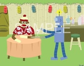 Sock Monkey Robot Waiter Tiki Bar Pop Art 8x10 Print