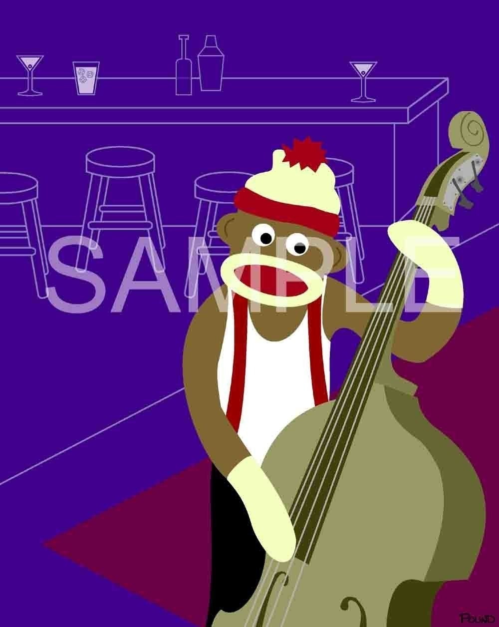 Sock Monkey Upright Acoustic Double Jazz Bass Art 8x10 Print