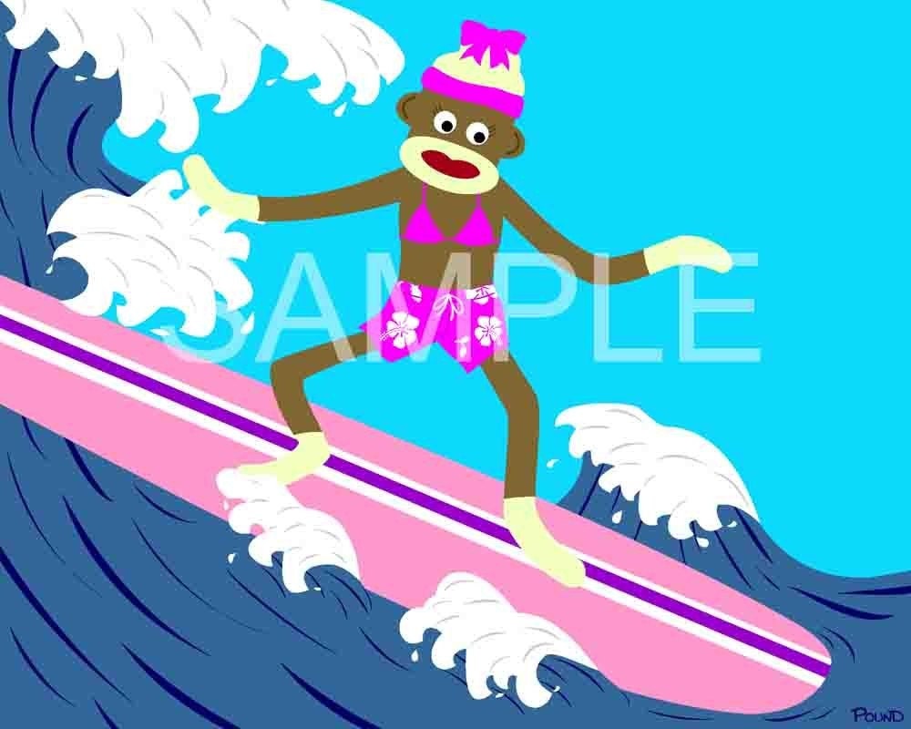 Sock Monkey Surfer Girl Surfboard Surf Pop Art 8x10 Print