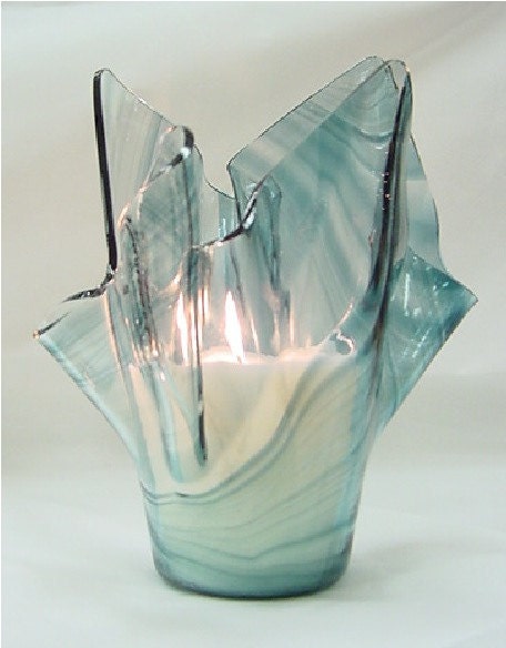 Vase Candle - Steel Blue on Clear Baroque Draped Glass Vase & Dish