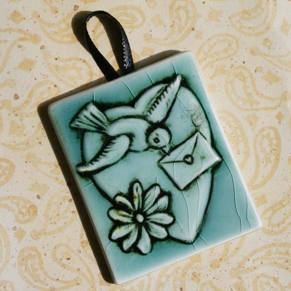 Ornament - Love Letter carried by a bird - Victorian Valentine - gift tag or hanging ornament