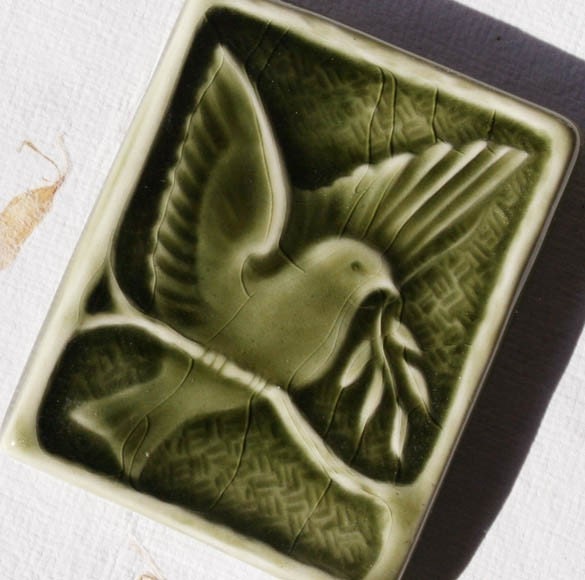 Bird of Peace tile magnet - small handmade tile in olive green