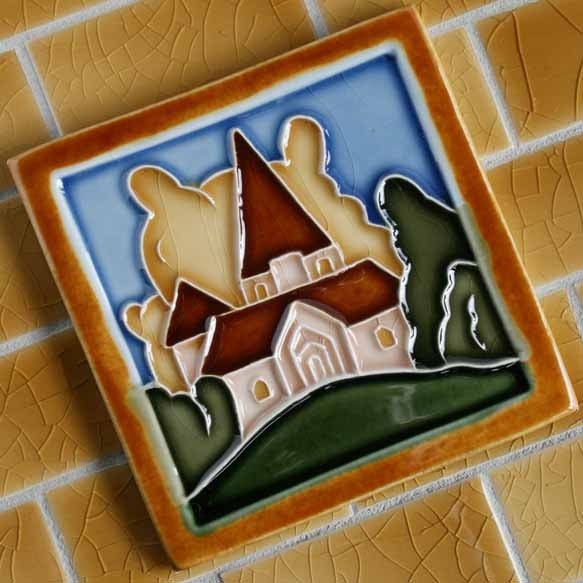 Art Deco Style Tile for home decor - handmade ceramic tile - Country Church - hand glazed