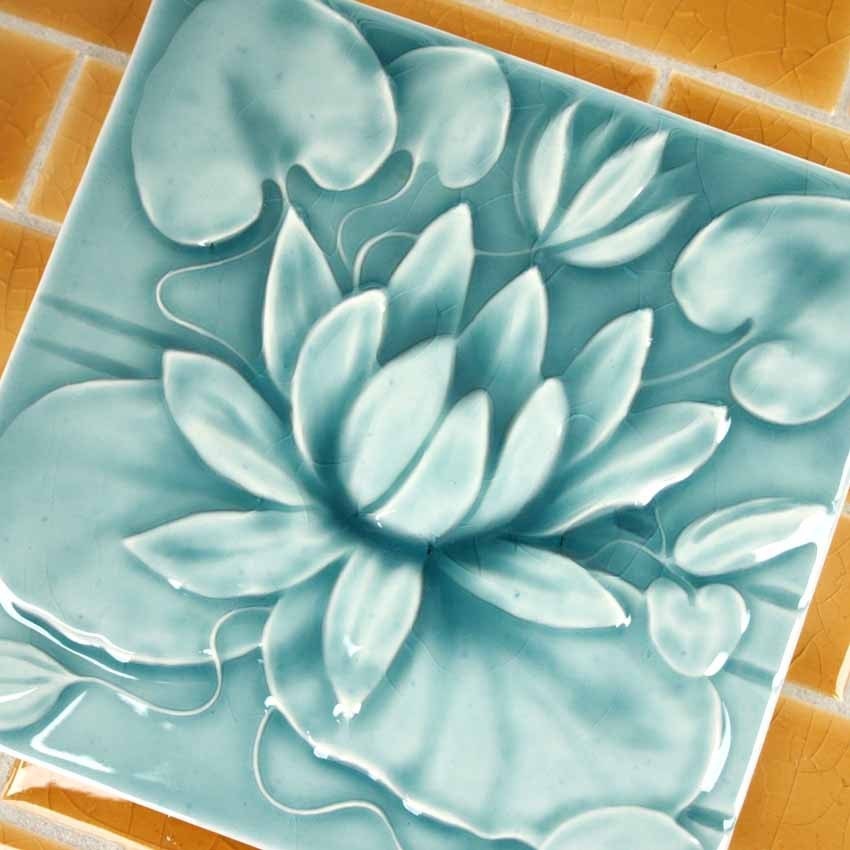 Waterlily - Handmade Ceramic Tile - Victorian style turquoise crackle glaze - for kitchen, bath, fireplace decor