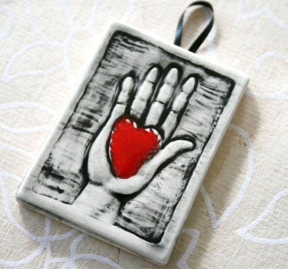 Valentine Heart in Hand  - small ceramic tile ornament - red, black, white - Valentine love