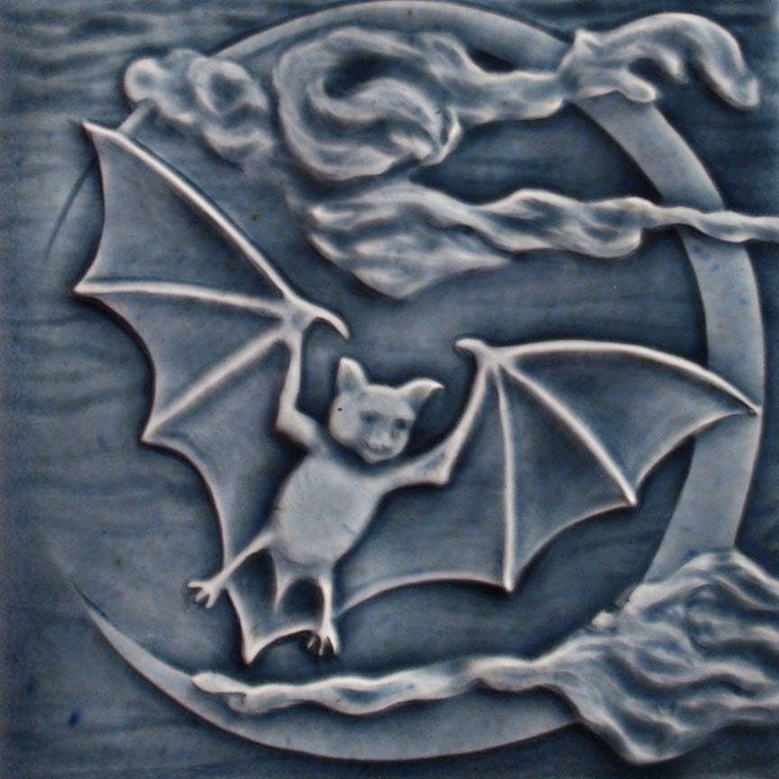 Bat flying past waxing cresent moon - handmade tile to decorate your home