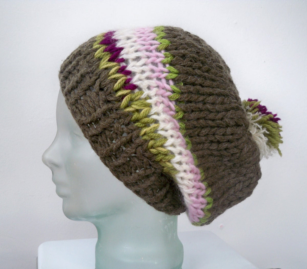Striped beanie with pom pom - tan with pastel pink and green stripes - oversized slouch beret