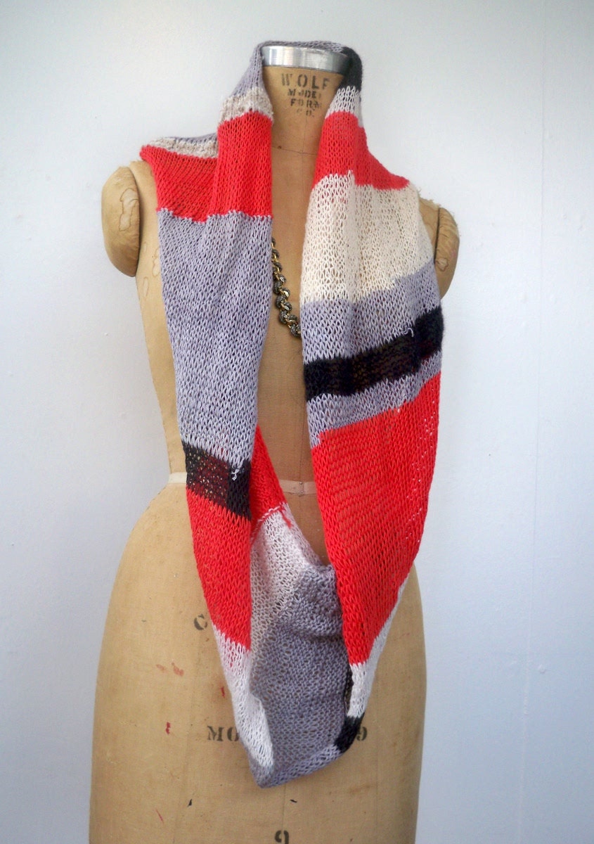 Coral lavender stripe knit infinity scarf - long loop scarf in soft recycled yarns