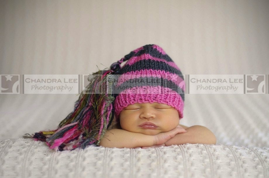 Newborn Girl HAT Striped CHUCKLES Cap w Funky Super Tassel Baby Photo PROP Unigender Boy Girl Poodle Pink Charcoal Pick Colors Knit 2 Order