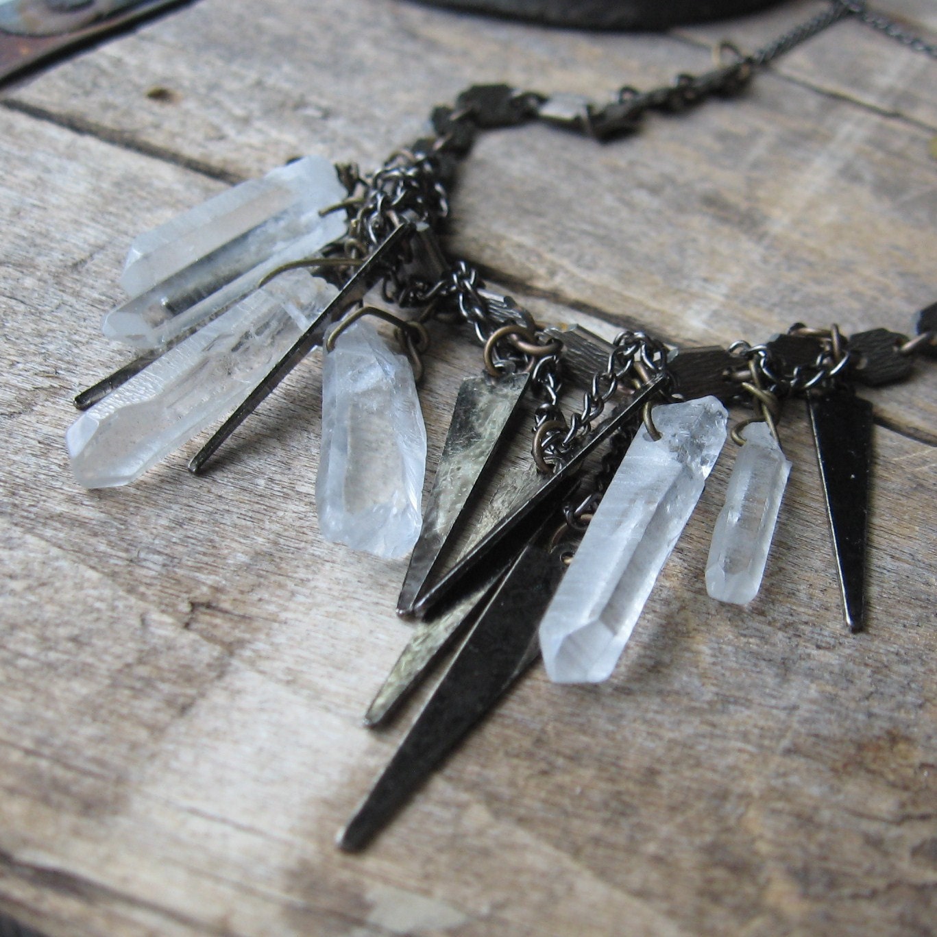 raze the earth-- vintage gunmetal spikes and riock crystal prisms necklace