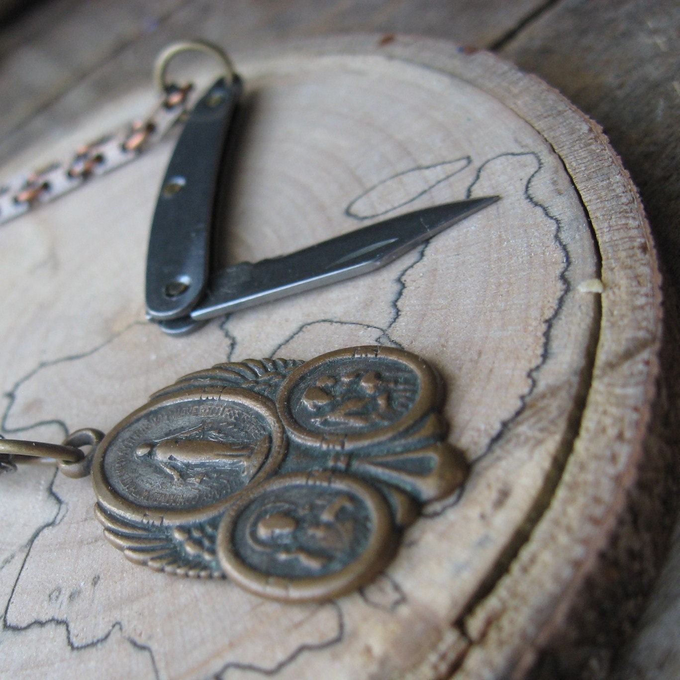 protect me-- catholic medal and mini pocket knife necklace set