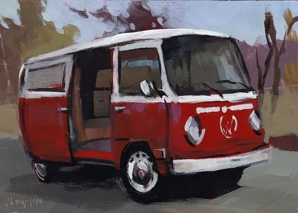 Art Print Car VW Bus Red Hippie Van 5x7 on 8x10 - VW BUS Cherry by David Lloyd - lloydgallery