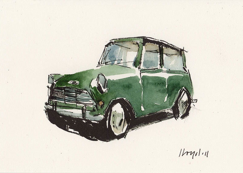 Art Print Car Painting Mini Cooper Retro Green Geekery 5x7 on 8x10 - Green Mini by David Lloyd