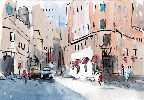 Original Painting Ink Urban Watercolor New York By Lloydgallery