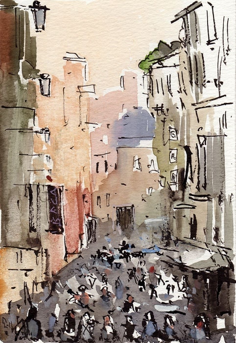 Original Painting Ink Watercolor Urban Cityscape By Lloydgallery