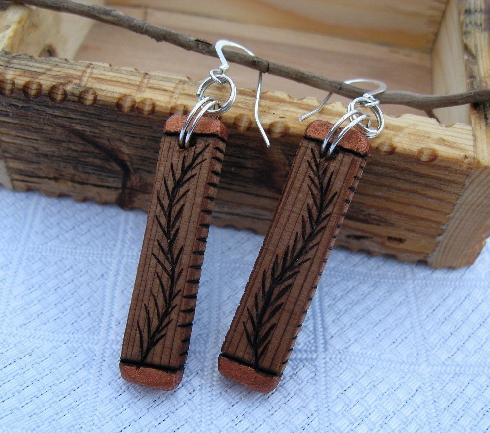 Cedar WOOD Earrings...with etched evergreen twigs