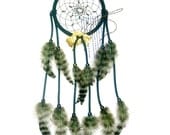 Dark Teal Green Dream Catcher, Grizzly Hen Feathers