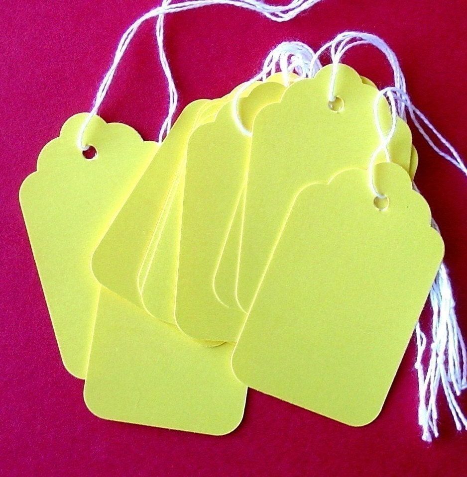 50 bright yellow scalloped paper tags with string by schoollocker