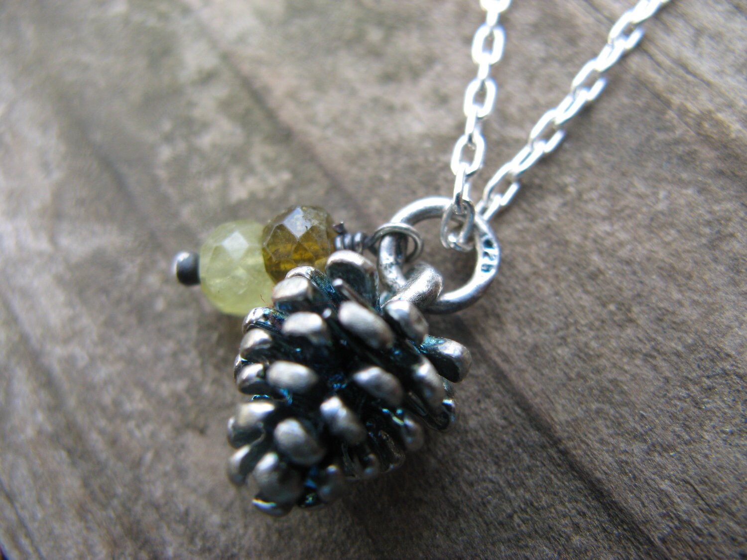 little pinecone necklace - sterling silver, green garnet, prehnite and vessonite