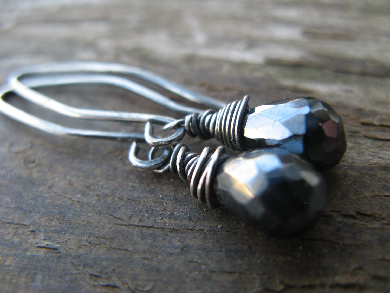 mystic coated black spinel earrings - oxidized silver, rustic