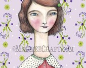 Blushing girl art print, "Marla's New Wallpaper"
