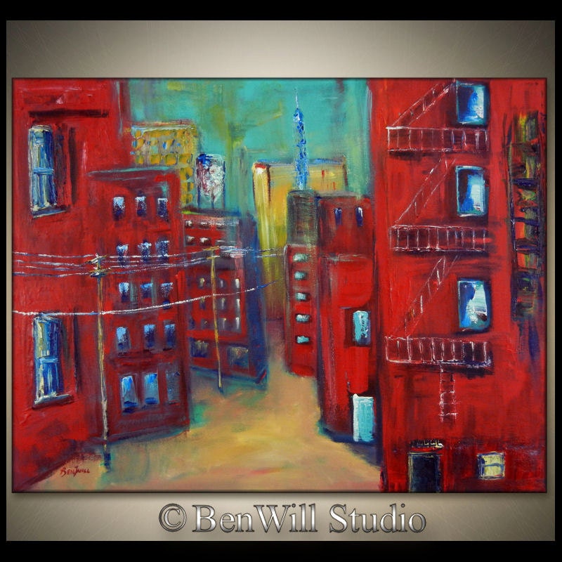 Abstract CITY Painting Large Modern Art ORIGINAL Red Turquoise Downtown URBAN Art, Gallery Canvas 36x28 by BenWill