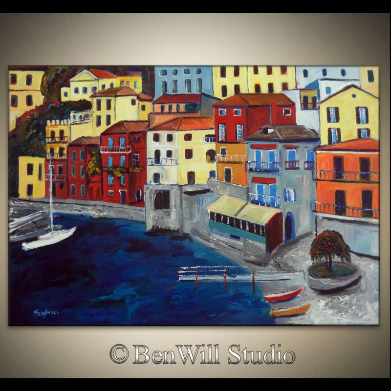 Large ORIGINAL Italy Painting Colorful Village, Contemporary Abstract Landscape Painting LAKE COMO 40x28 by BenWill