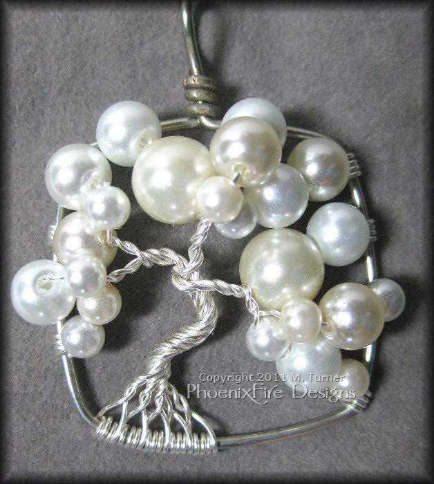 June Bride - Wedding Jewelry Bubble Tree of Life Pendant in White and Ivory Glass Pearls Set in Silver Wire Wrapped