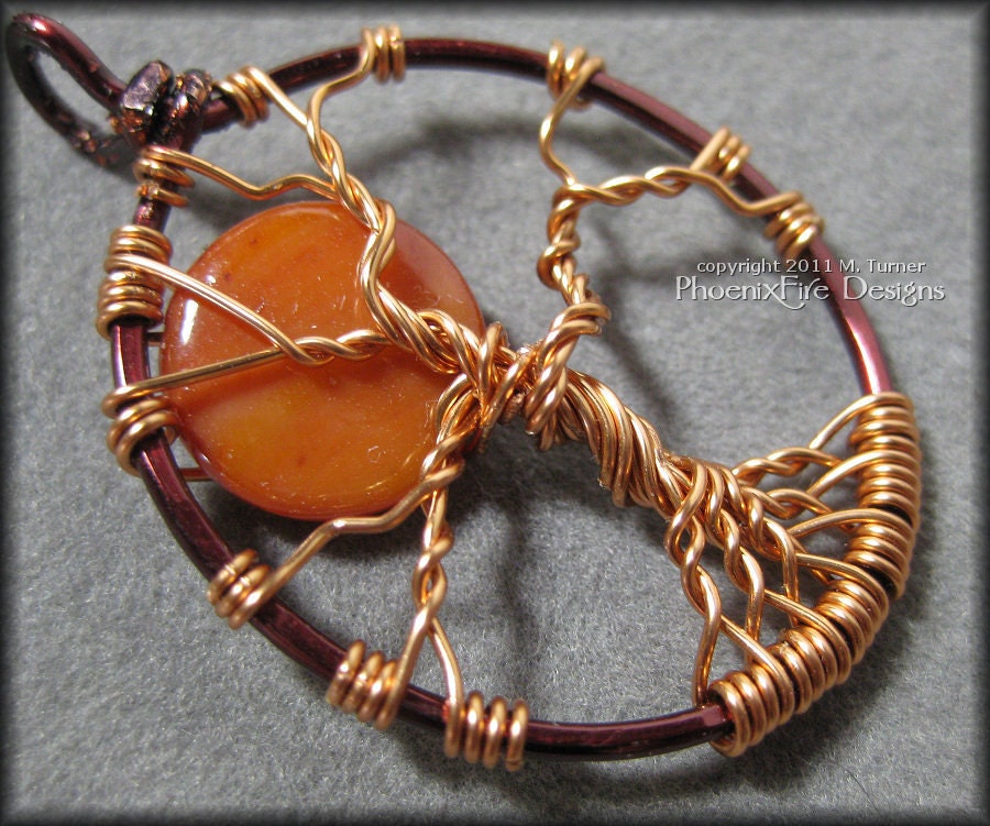 Harvest Moon - Full Moon Tree of Life Pendant with Orange Shell Bead in Copper and Brown Wire Dainty Small Halloween