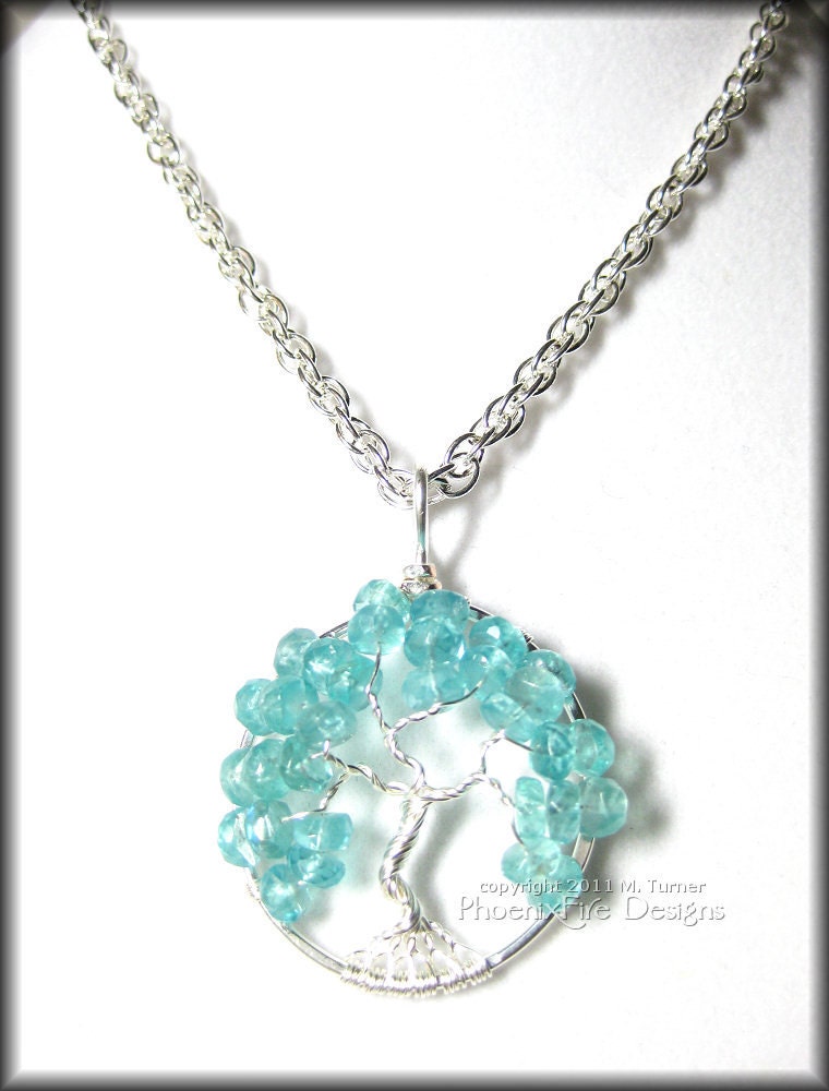 Tree of Life Pendant in Blue Apatite Gemstone and Sterling Silver Wire Caribbean Blue March December Birthday