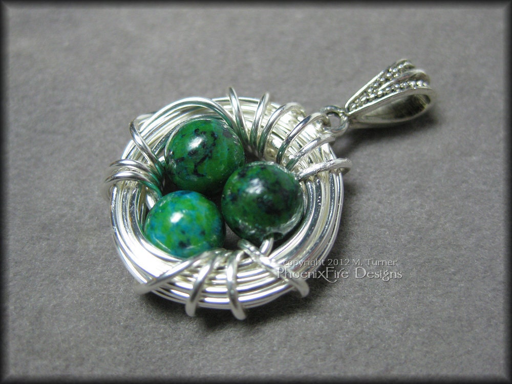 Bird Nest Pendant with Chrysocolla Eggs in Sterling Silver Wire Wrapped Motherhood