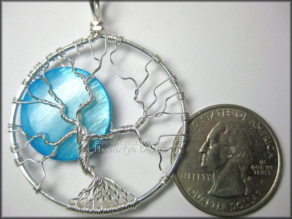 Once In A Blue Moon - Full Moon Tree of Life Pendant in Sterling Silver Wire with Aqua Blue Pearl Shell Original Design Miss M. Turner PFD