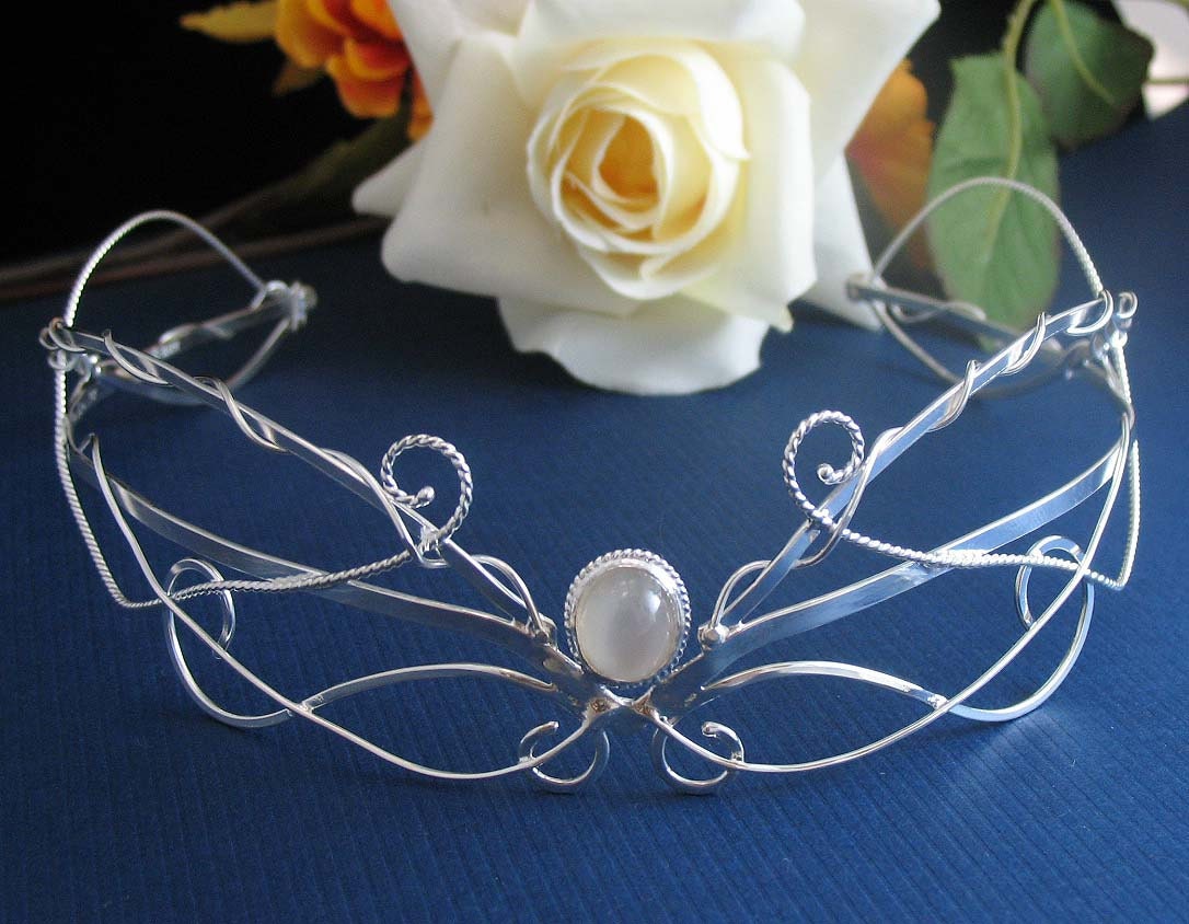 MIddle Earth Elvish Bridal Circlet Headpiece, Gemstone, LOTR Inspired, Handmade, Sterling Silver