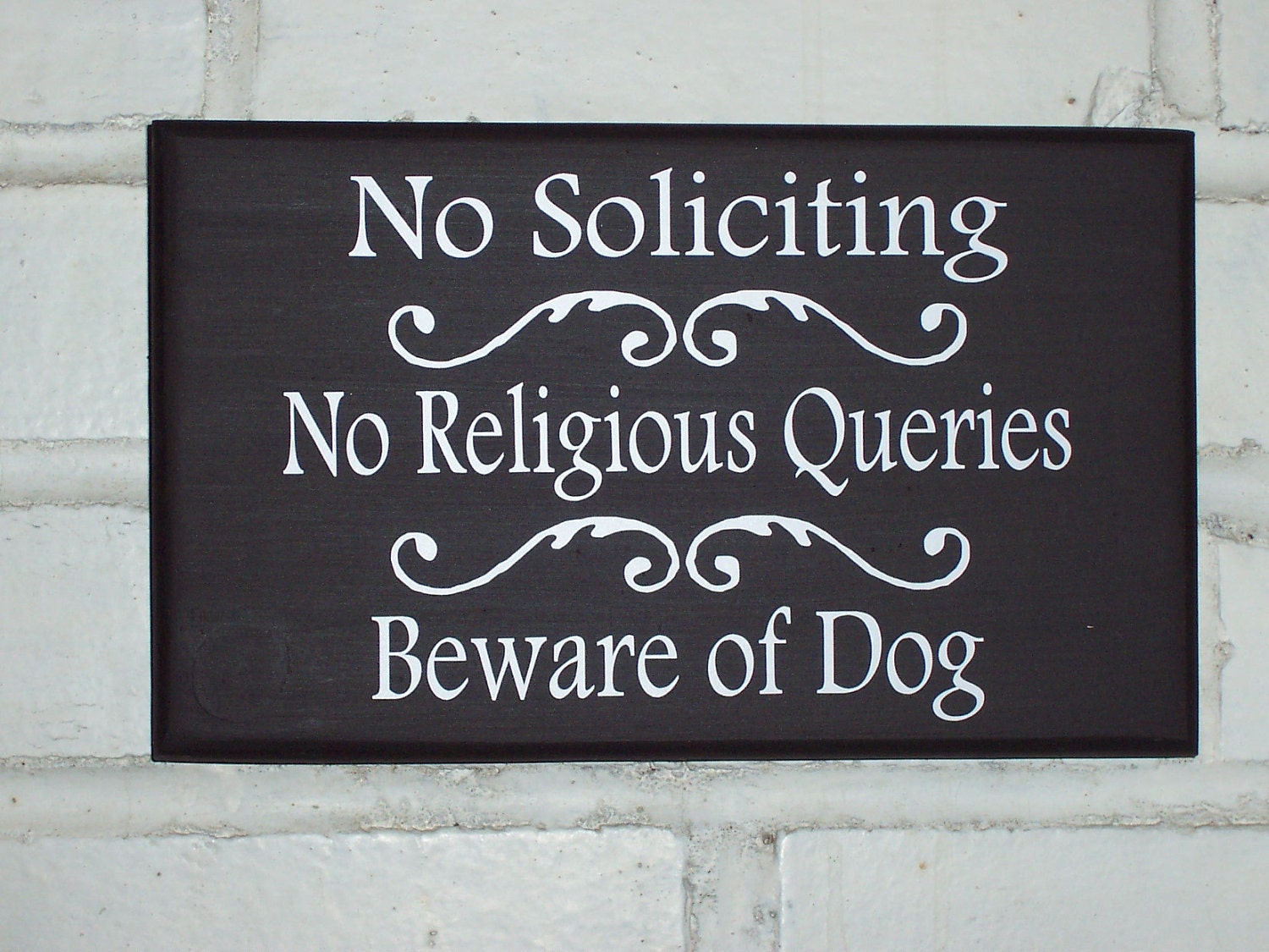 Whimsical Cottage Wood Vinyl Sign - No Soliciting No Religious Queries Beware of Dog - Home Decor Door Hanger