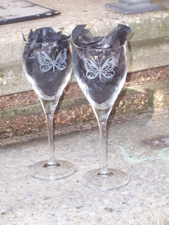 Etched Glass Butterfly Wine Glasses Gift Basket by heartfeltgiver