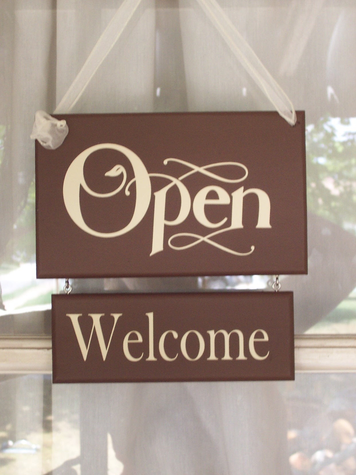 Whimsical Shabby Retail Shop Store Open Closed Welcome Please Come Again Wood Vinyl Sign - Two Sided Sign